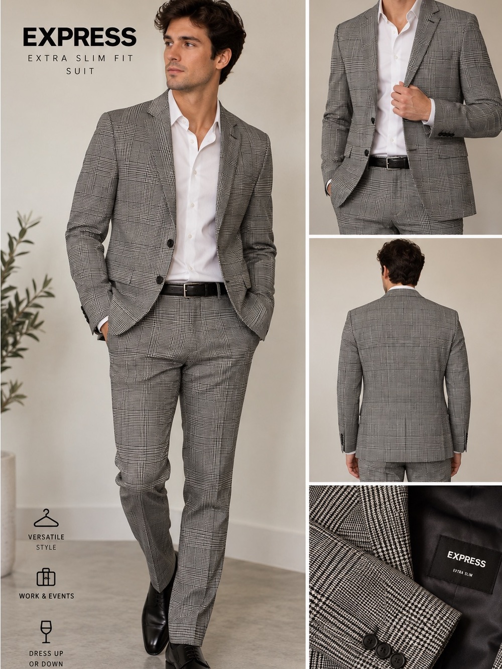 Express Extra Slim Men Suit Set Plaided Pants size 32x30 Blazer size 42
